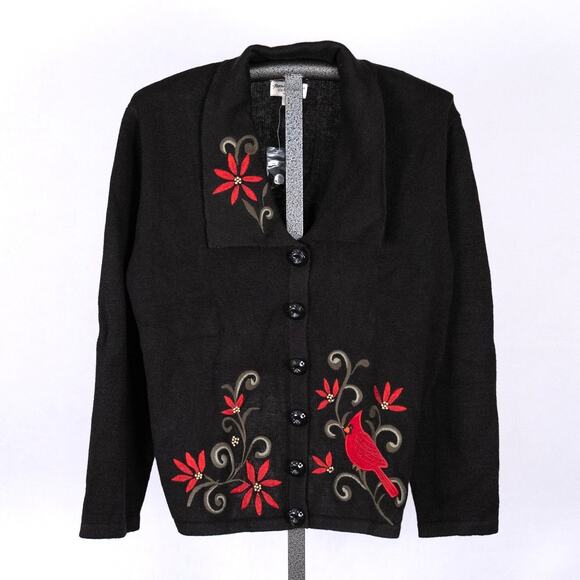 Norm Thompson Women's Cardigan Size 1X Embroidered Beaded Cardinal Holiday Bird - Picture 1 of 9